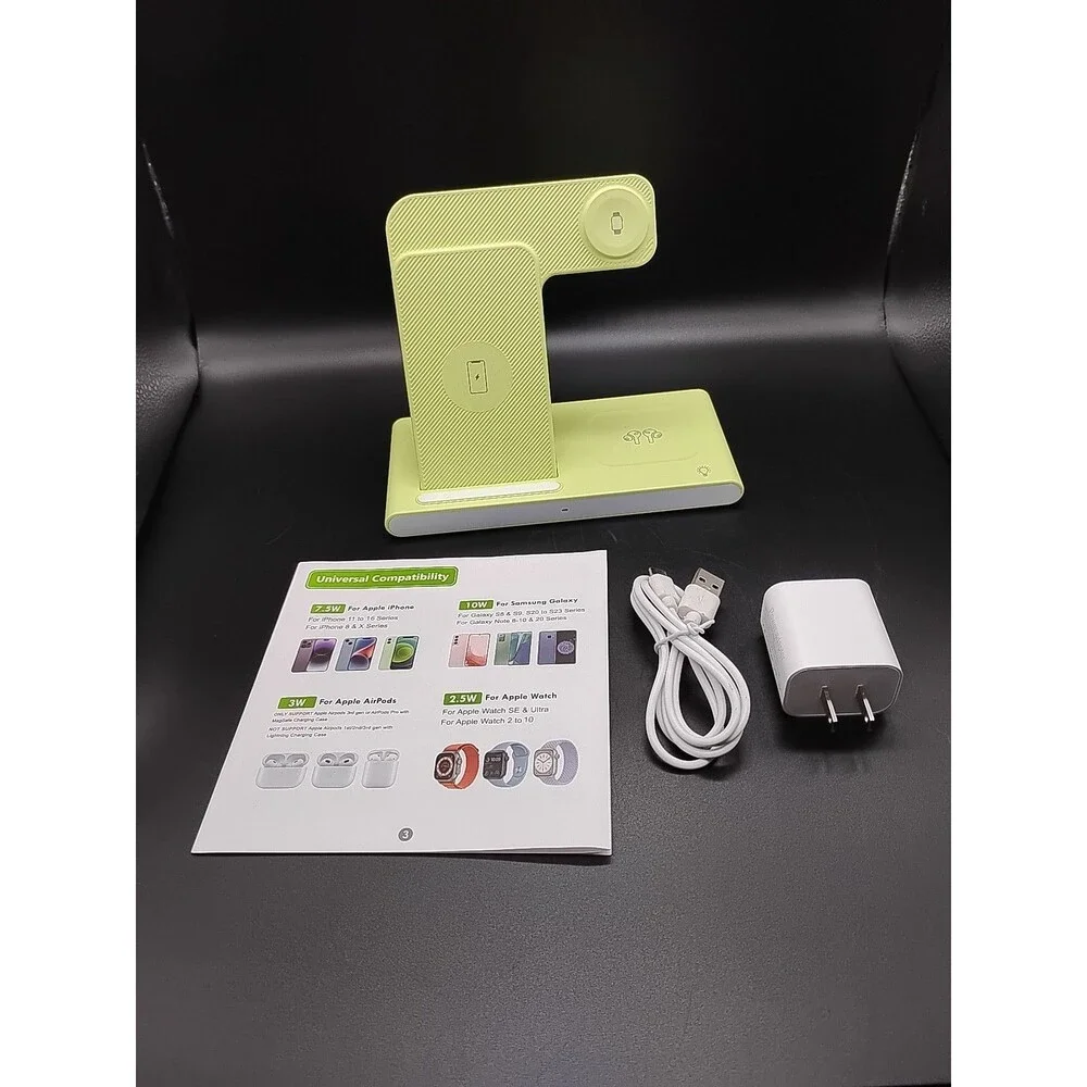 Wireless Charging Station 3 in Fast Charge  Apple iWatch Ultra+ SE 2-9 Lime Grn